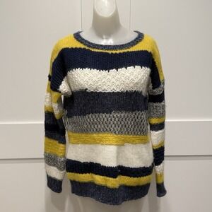 Artisan De Luxe Oversize Chunky Knit Sweater Blue Yellow Gray Colorblock XS READ